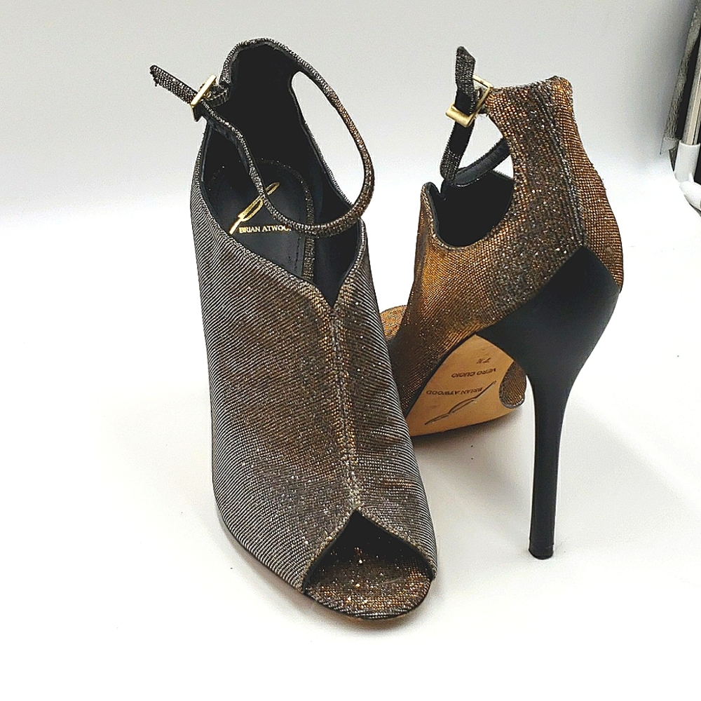 Brian Atwood "Bfliese" gold bling shimmering ankle strap peep toe stiletto